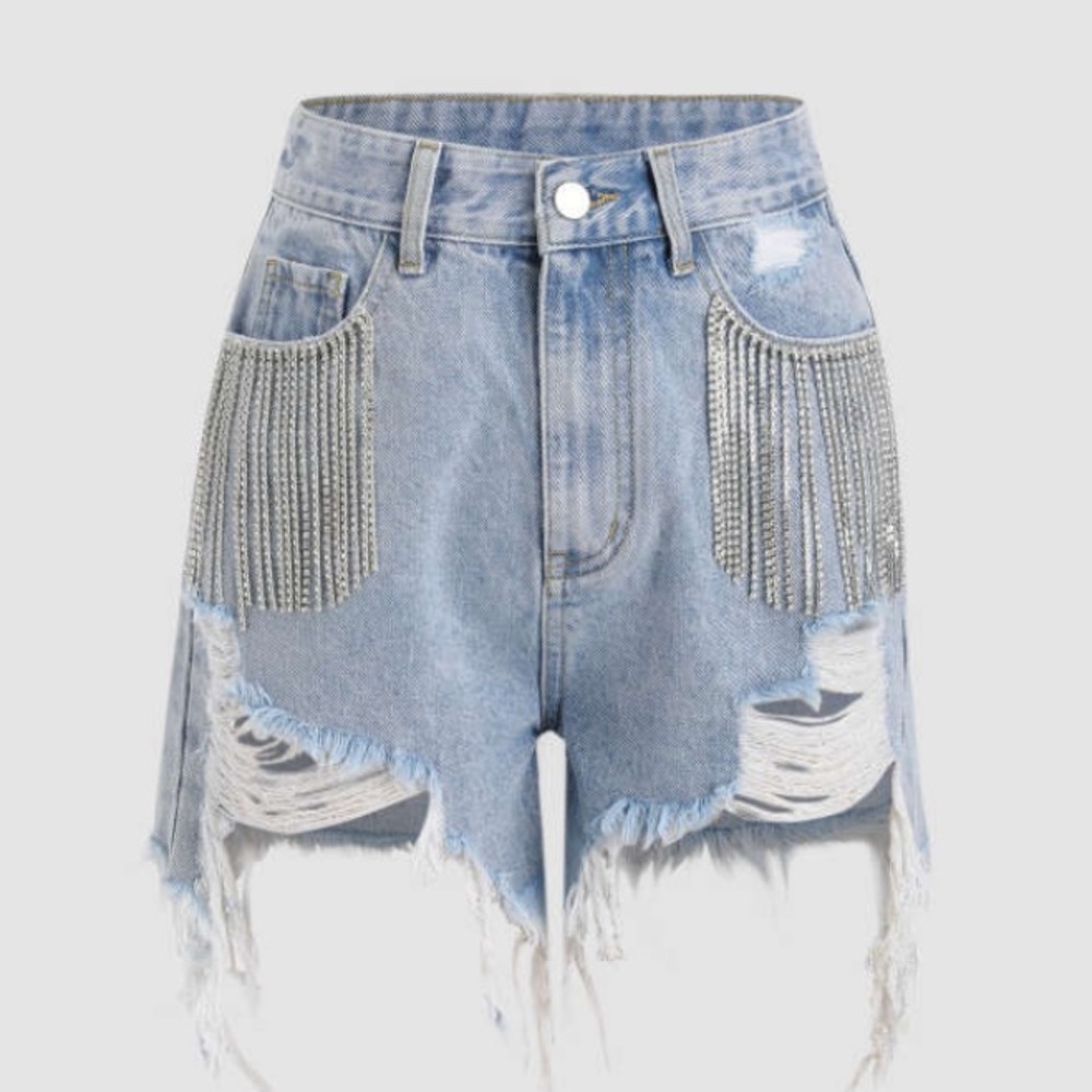 Diamond Tassel Ripped Denim Shorts from Shop Cider